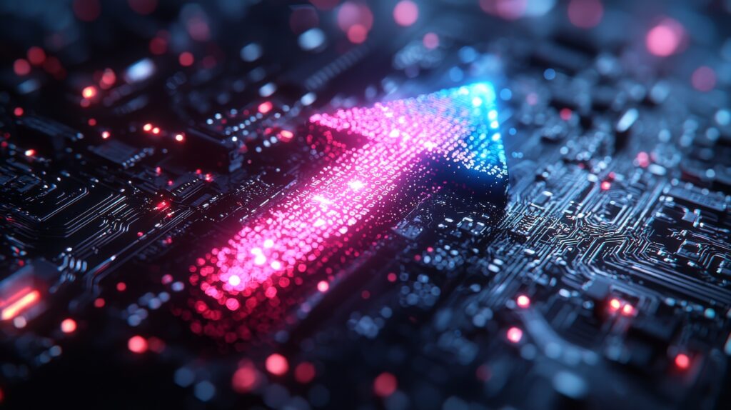 Leuchtender, digitaler Pfeil aus Lichtpunkten auf einer Leiterplatte – symbolisiert Website-Updates, digitale Weiterentwicklung und den Weg zur Optimierung.