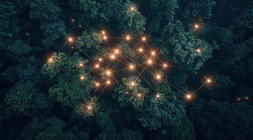 Waldlandschaft bei Dunkelheit mit kleinen leuchtenden Punkten, die wie ein Netzwerk verbunden sind – symbolisiert digitale Vernetzung.