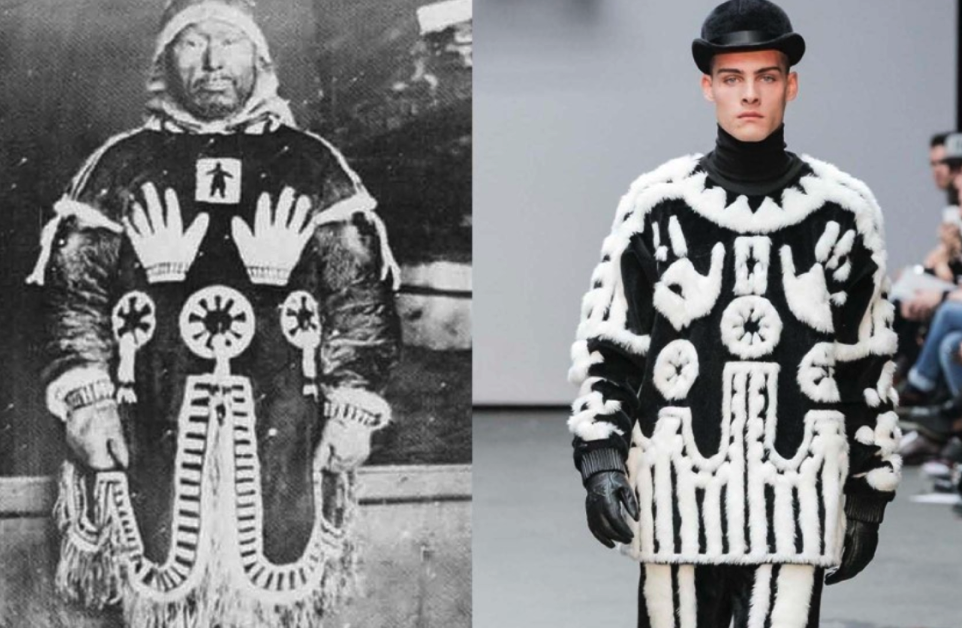 Vergleichsfoto: Ein Inuit-Chef in traditioneller Kleidung neben einem männlichen Model auf einem Runway. Beide tragen lange Mäntel in Schwarz-Weiss mit Inuit-Motiven. Ein Beispiel für kulturelle Aneignung in der Mode.