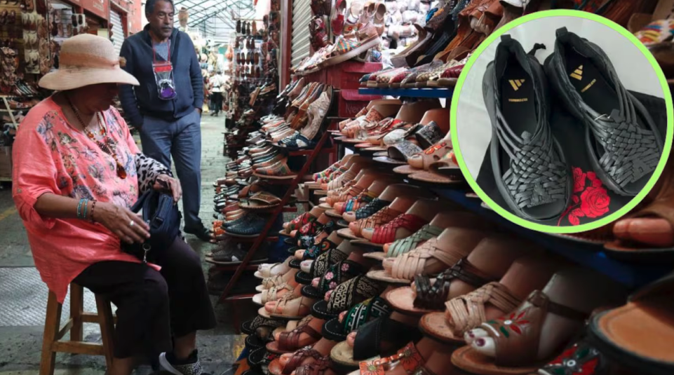 Strassenszene in Oaxaca: Auf einem Stand werden traditionelle indigene Schuhe verkauft, daneben sind Adidas-Schuhe zu sehen, die den Designs stark ähneln. Ein Beispiel für kulturelle Aneignung.